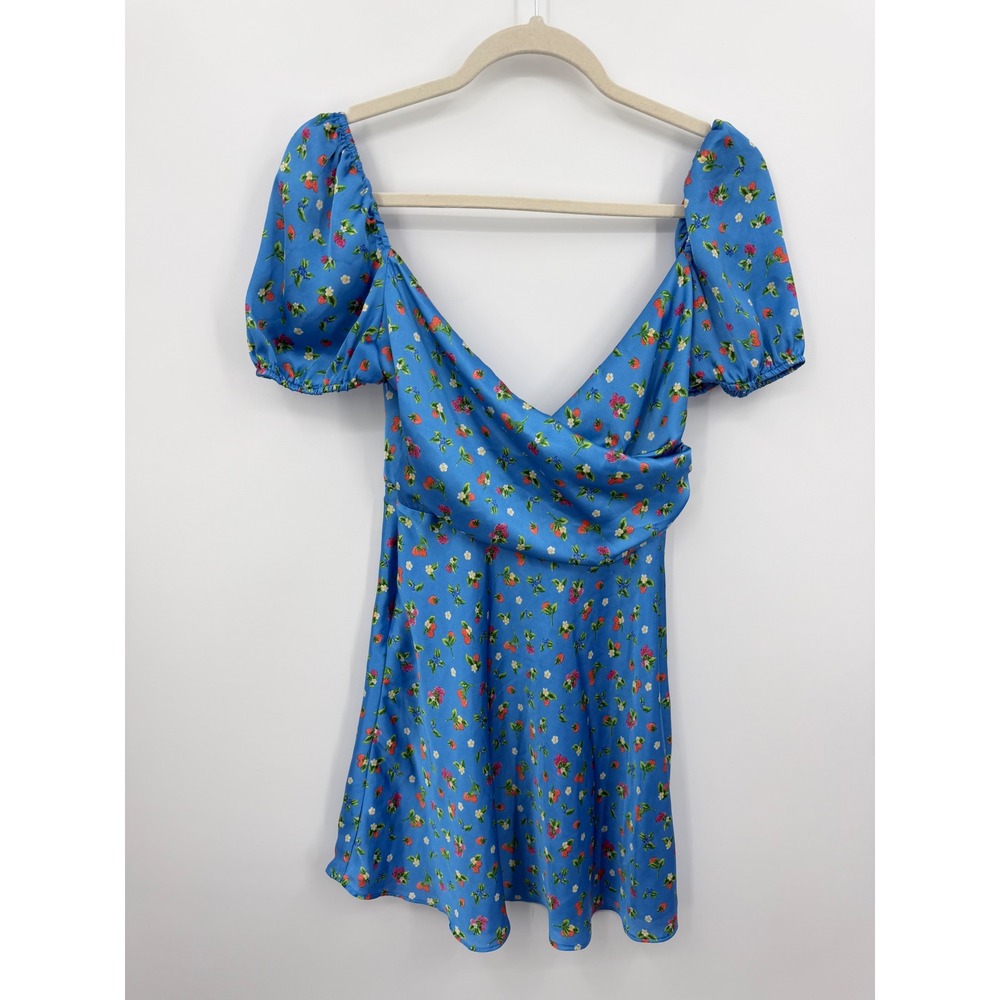ZARA Berry Print Satin Mini Dress Women Size S Blue Puff Sleeve Draped Surplice